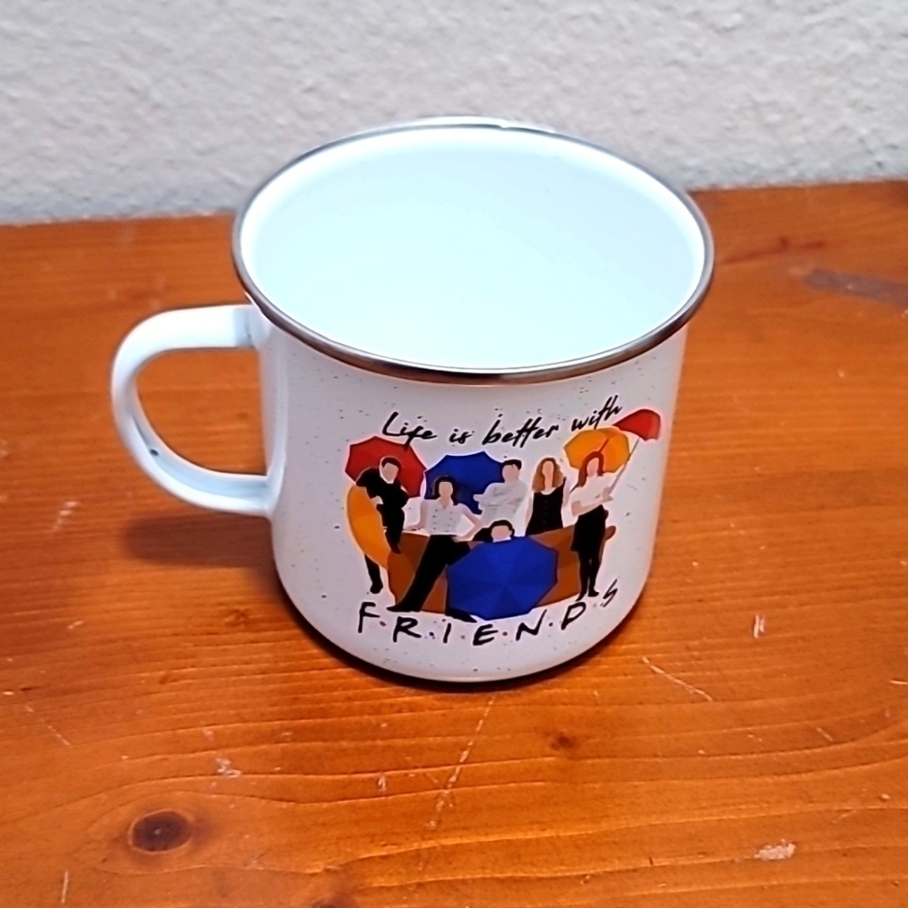 FRIENDS TV SHOW ENAMEL CAMPER COFFE MUG CUP CHANDLER,ROSS,JOEY 21OZ